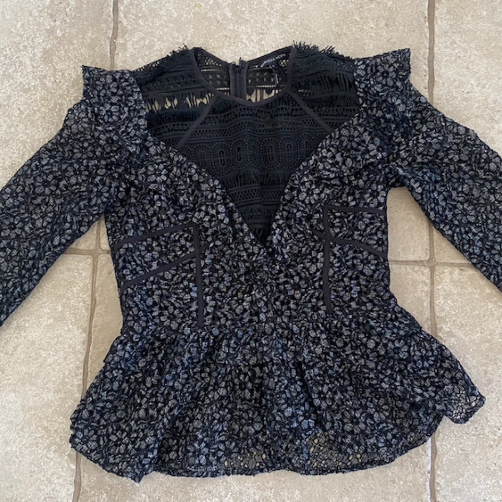 Marissa Webb Grey and Black Lace Floral Top with Black Lace Inset